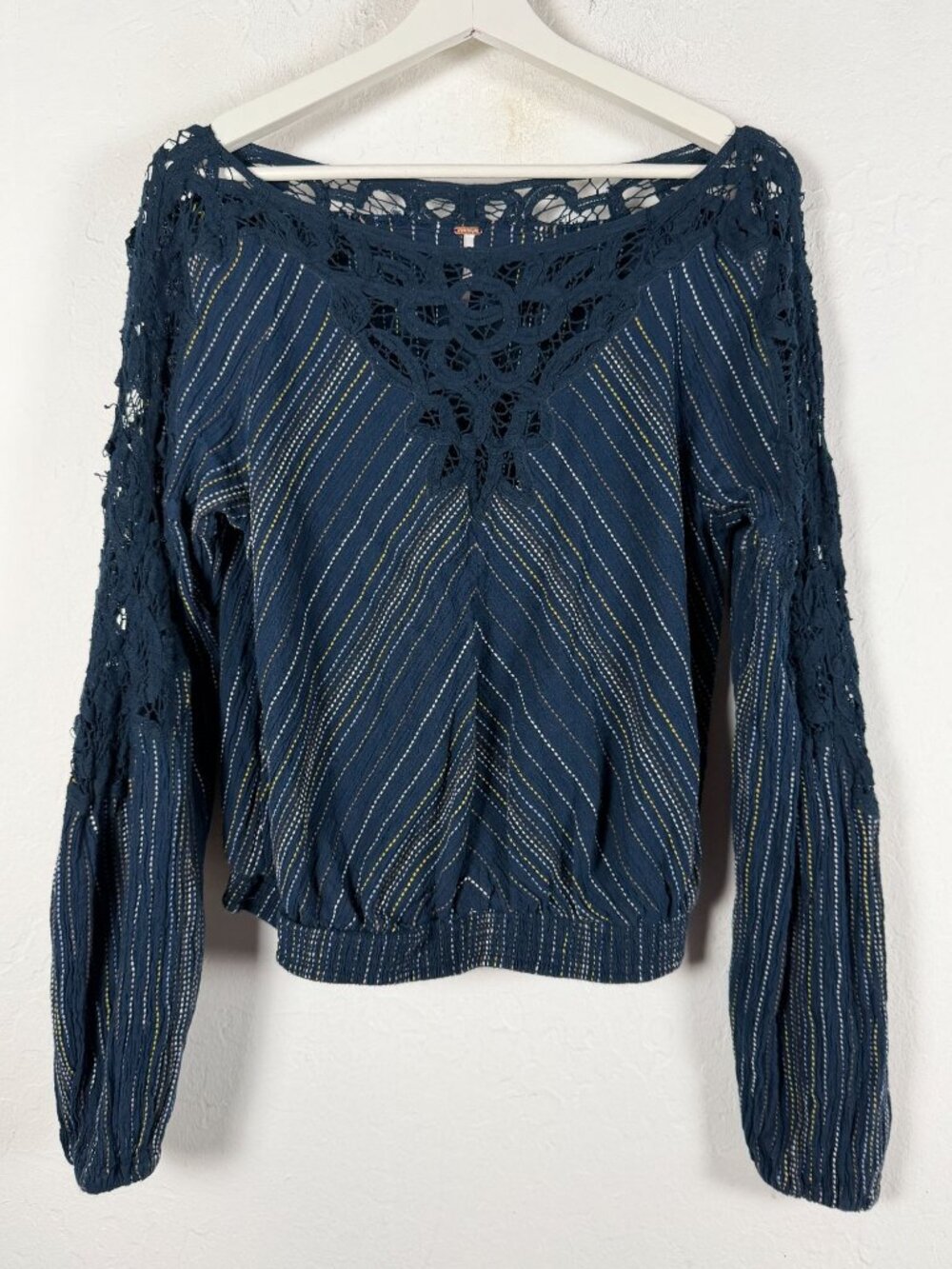 Free People Floating Memories Blouse Navy Blue Crochet Lace Stripe Boho Large